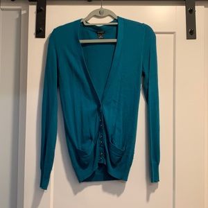Club Monaco Teal Cardigan with grosgrain trim and jeweled buttons. Size Small